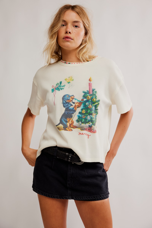 Free People Merry Meowy Tee- Ivory Combo