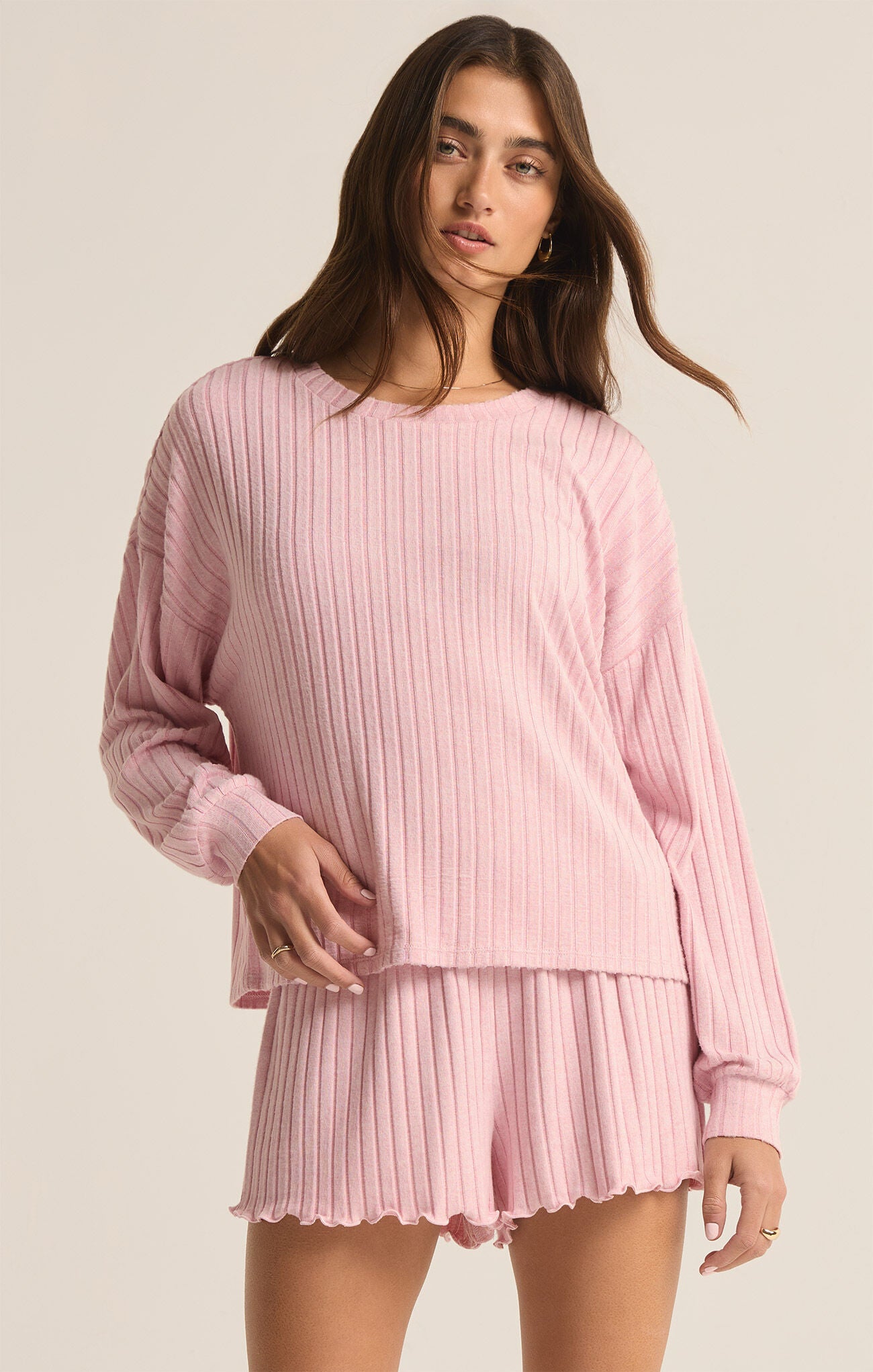 Z Supply Daydream Rib Long Sleeve Top- Sunset Mauve