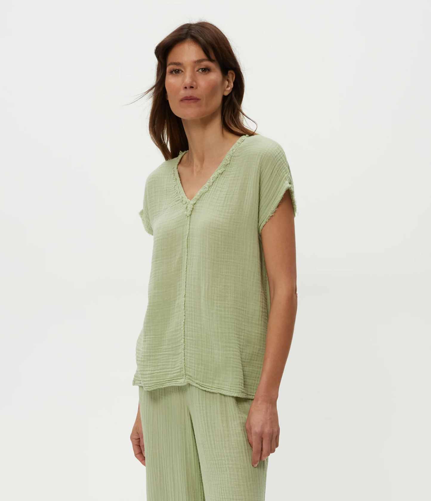 Michael Stars Draya Gauze V-Neck Top- Celery