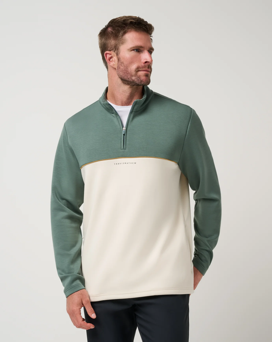 Travis Mathew Fibercloud Color Block Quarter Zip- Balsam Green