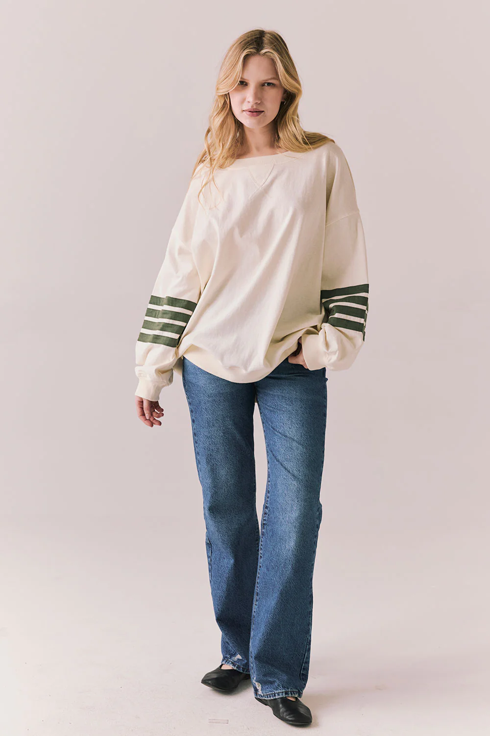 Pomona Long Sleeve White top with bronze green stripes