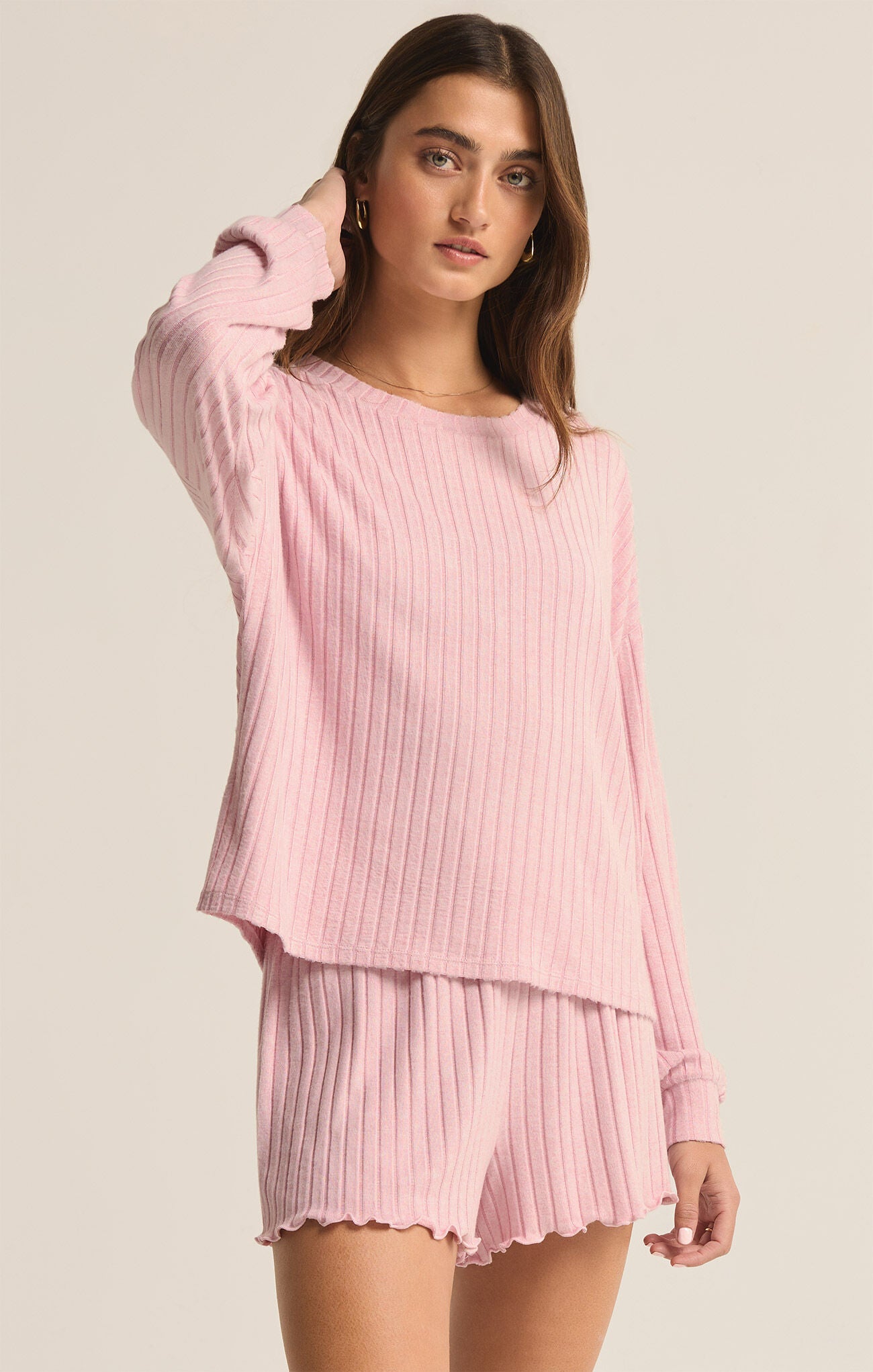 Z Supply Daydream Rib Long Sleeve Top- Sunset Mauve