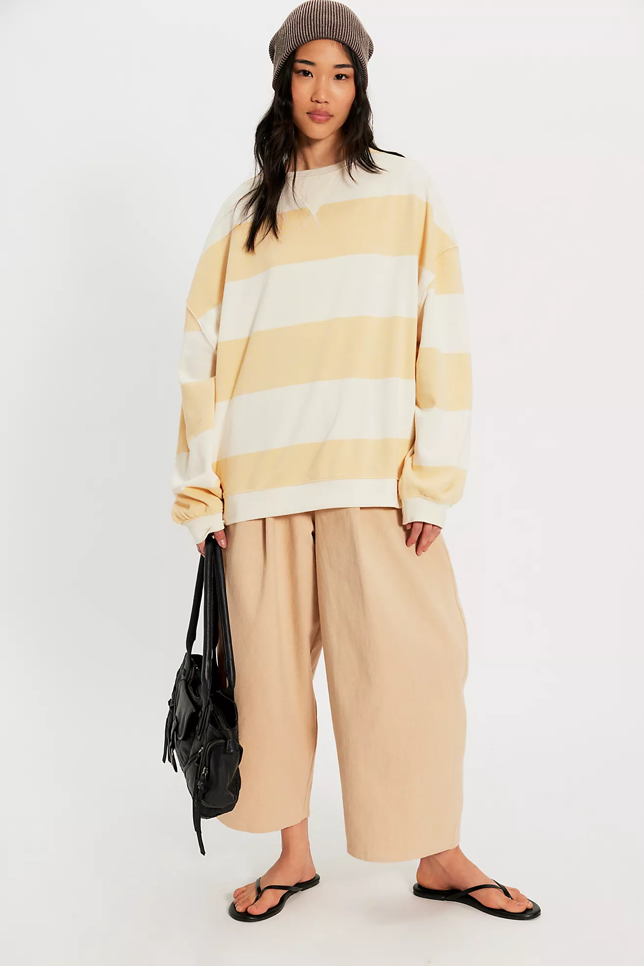 Free People Classic Striped Oversized Crewneck- Apricot Combo