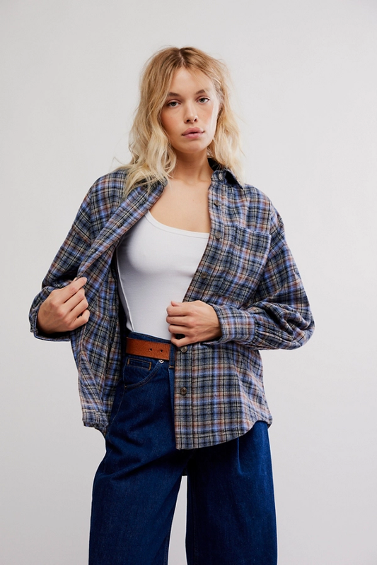 Free People Ashley Plaid Shirt- Blue Combo