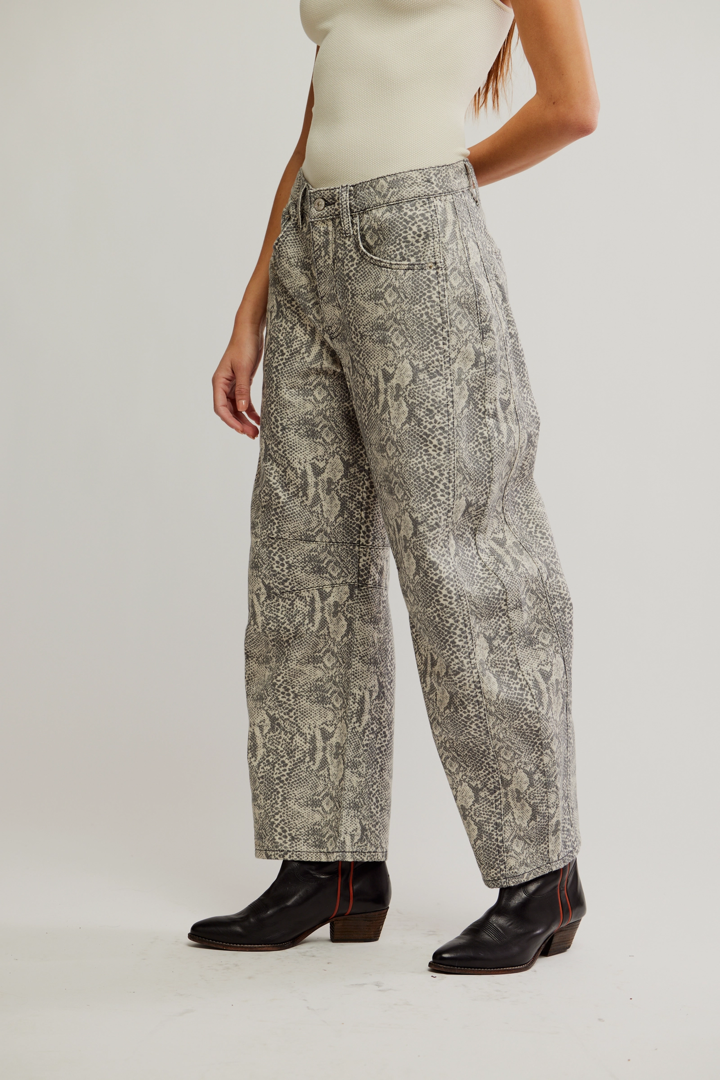 Free People Good Luck Printed Barrel Jeans- Snake Combo