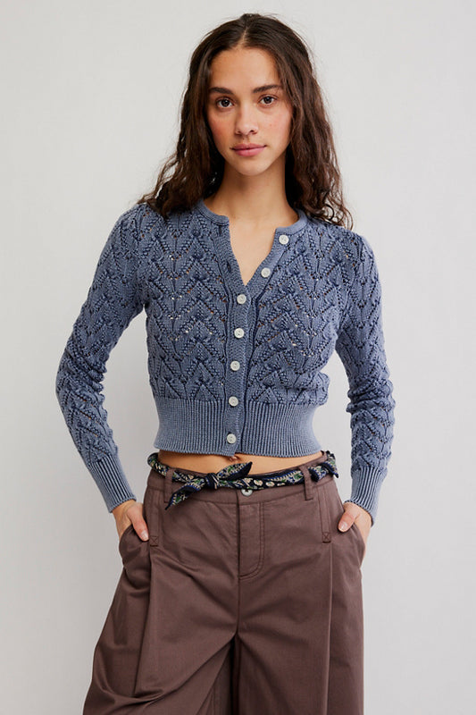 Free People Pretty In Pointelle Cardi- Navy Academy