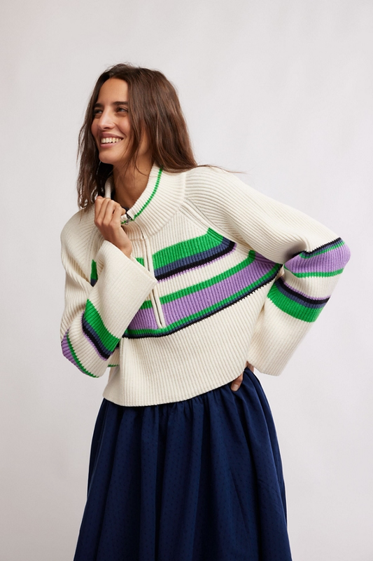 Free People Striped  Greta Half Zip- Sugar Combo