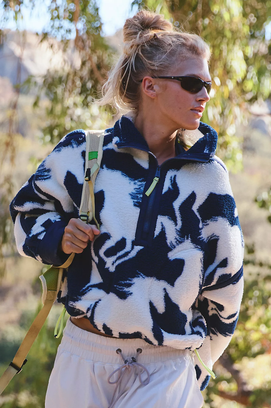 Free People Mountain High Printed Half Zip Fleece- Wild Horses Navy