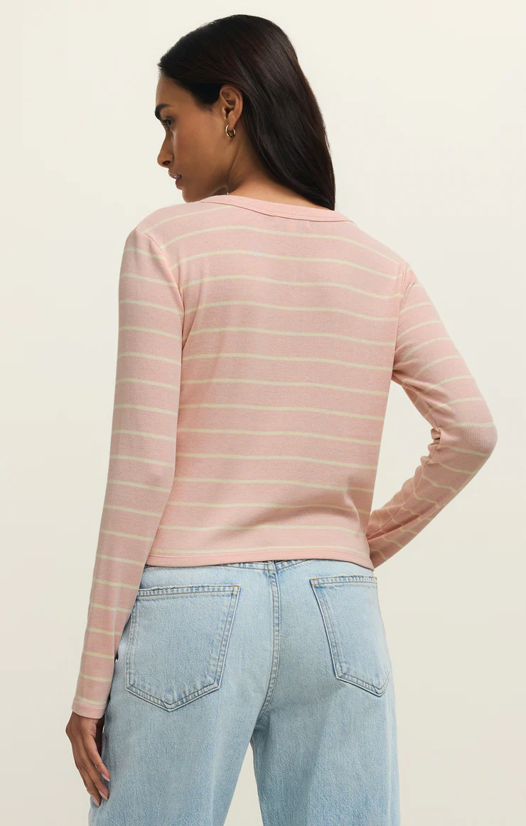 Z Supply Ferris Cropped Striped Henley Top-Washed Pink