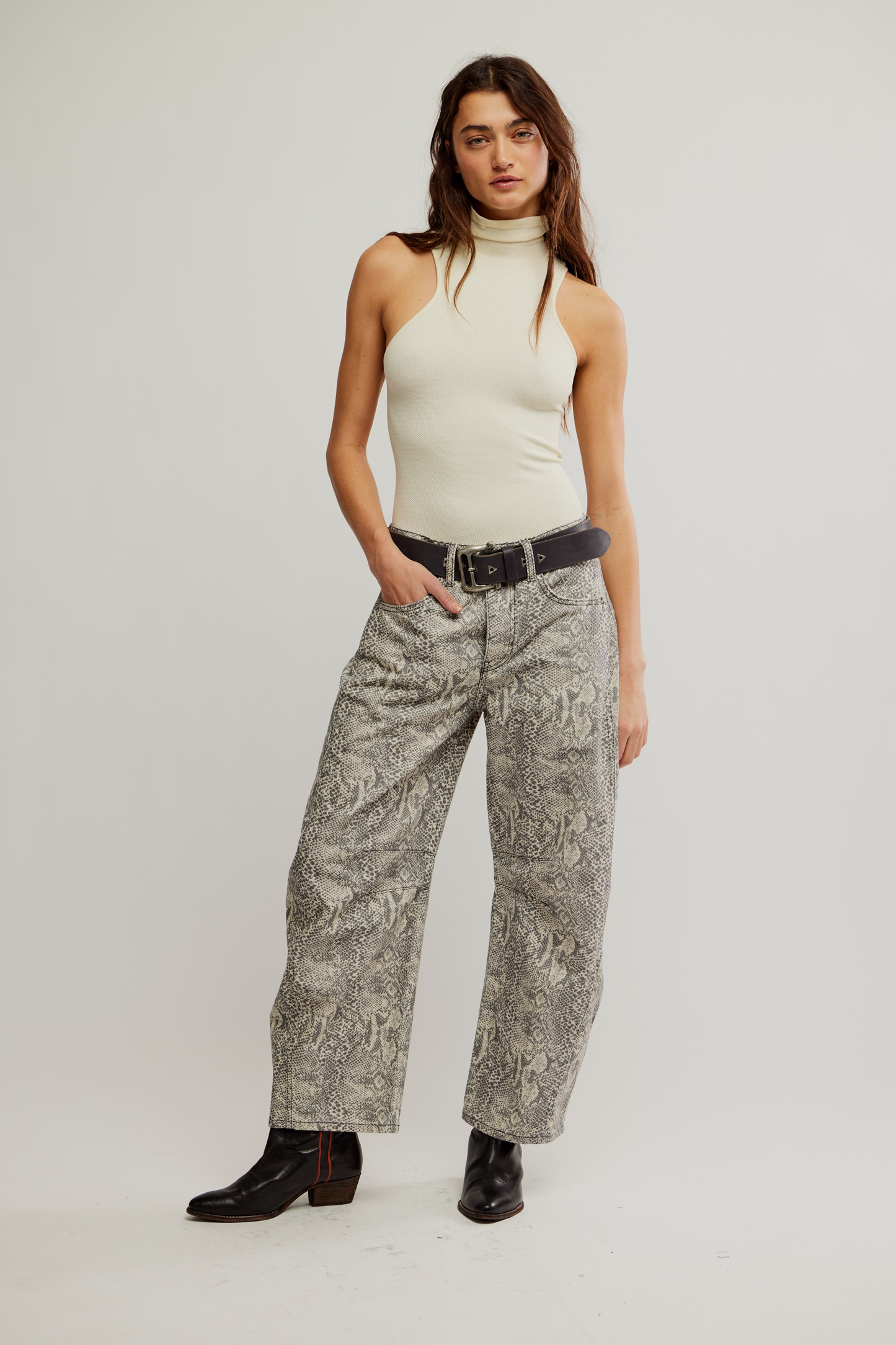 Free People Good Luck Printed Barrel Jeans- Snake Combo