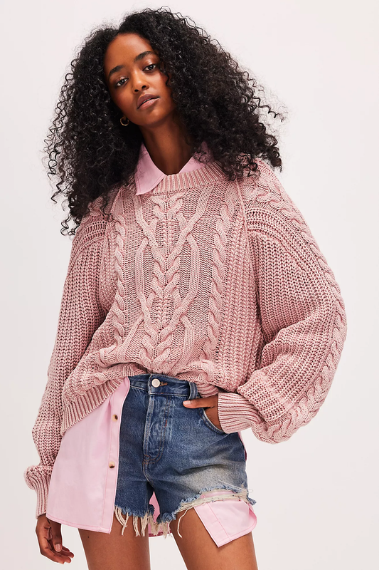 Free People Frankie Cable Sweater- Misty Rose