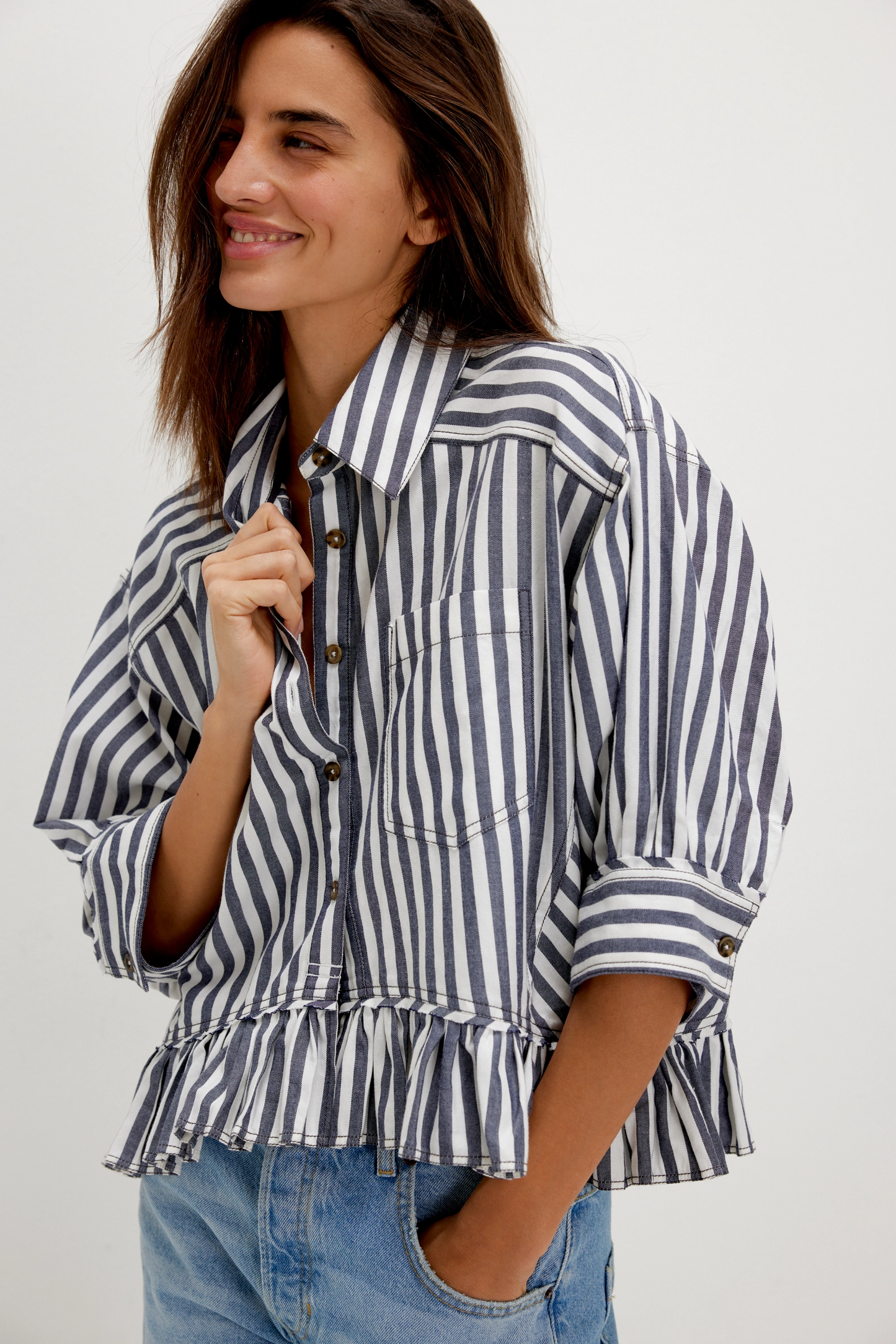 Free people Bailey Stripe Shirt- Nautical Navy Combo