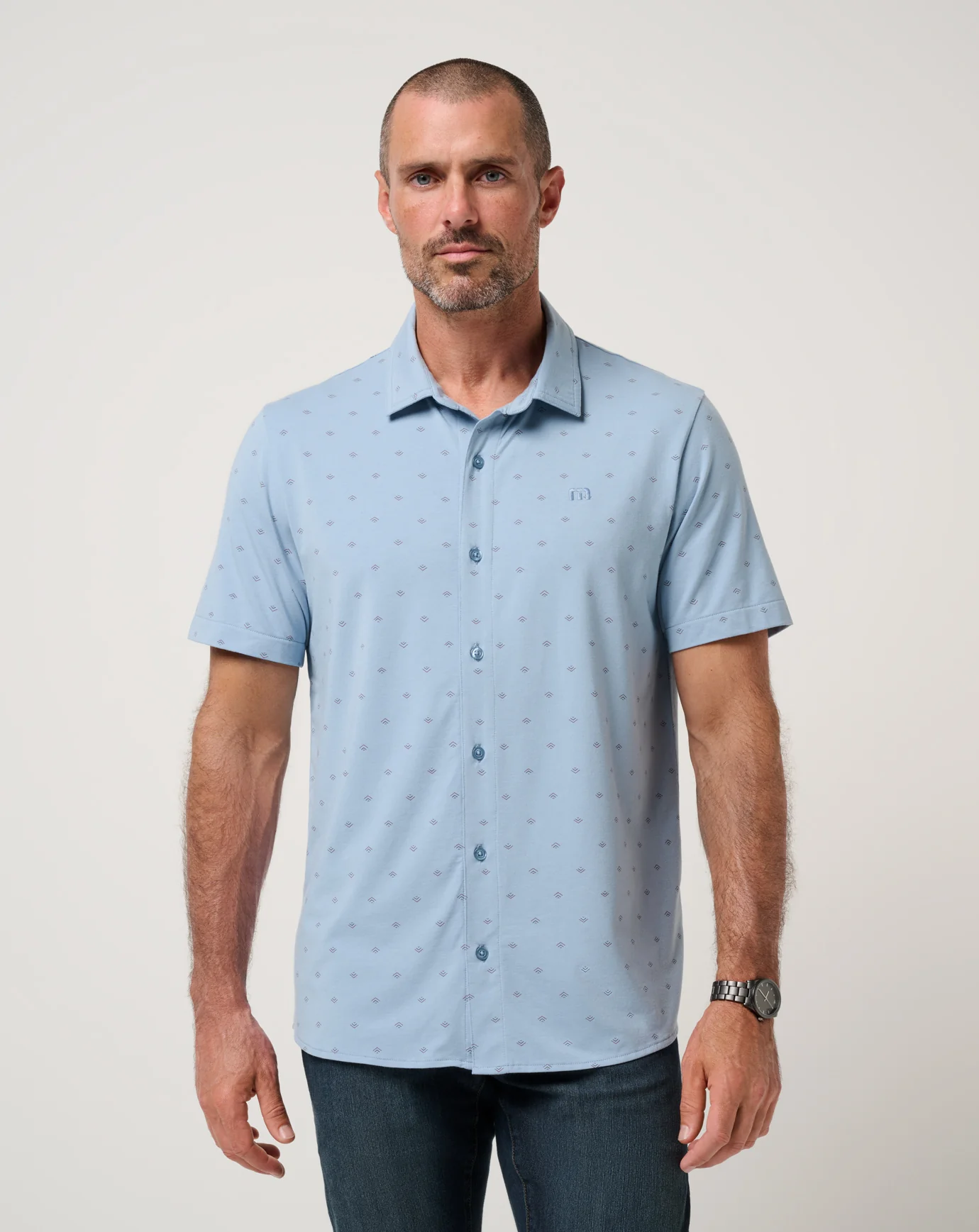 Travis Mathew Comfortknit Geo Button-Up- Ash Blue