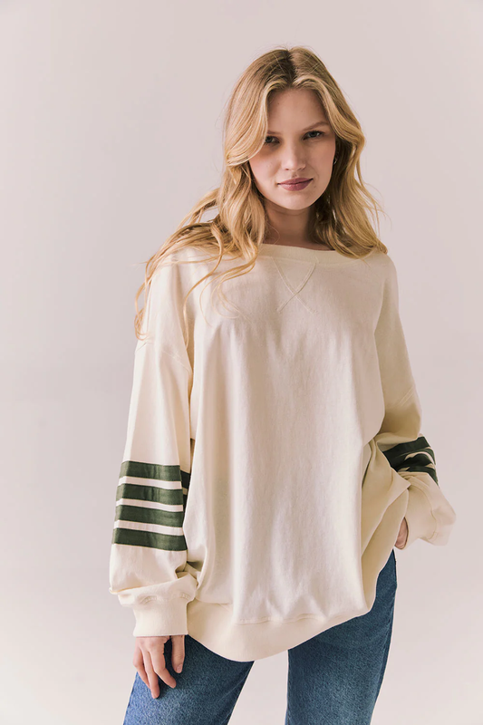 Pomona Long Sleeve White top with bronze green stripes