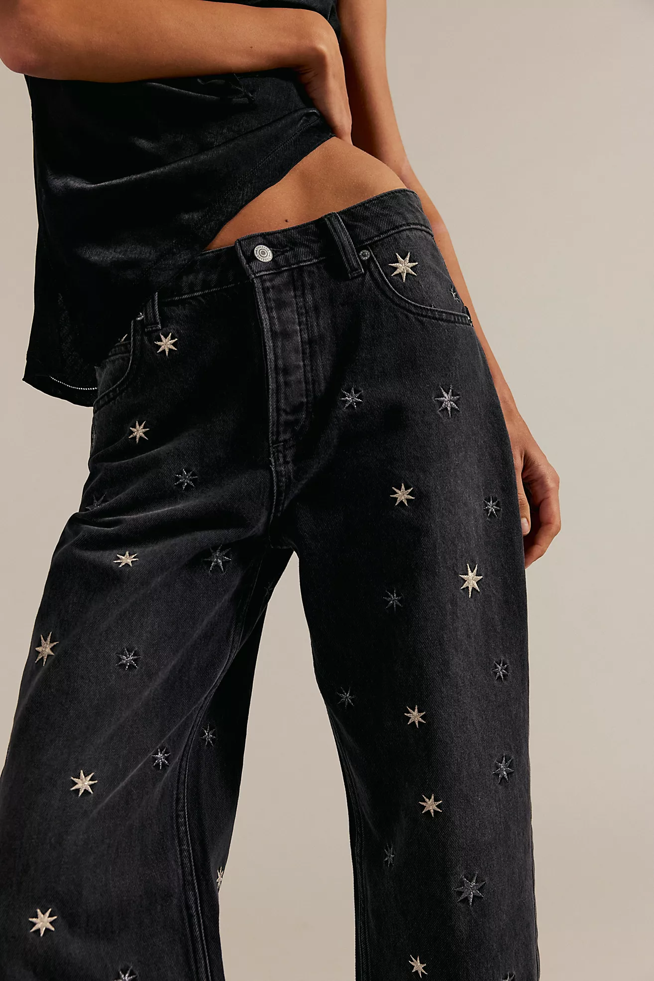 Free People Deep Trance Shine Embroidered Dropped Boyfriend Jeans