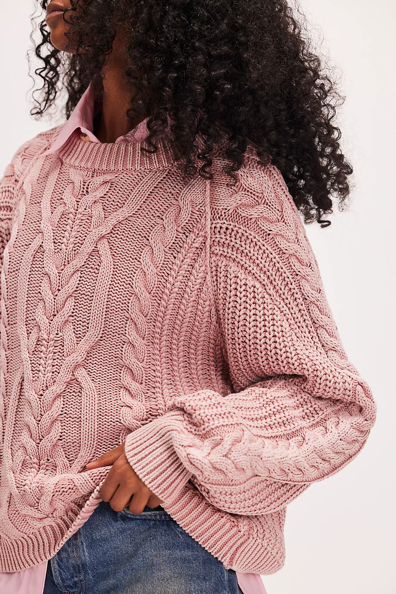 Free People Frankie Cable Sweater- Misty Rose