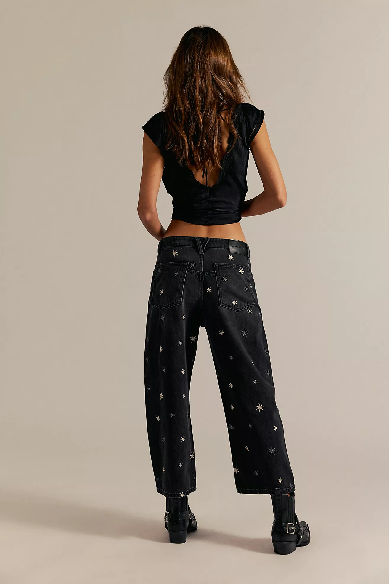Free People Deep Trance Shine Embroidered Dropped Boyfriend Jeans