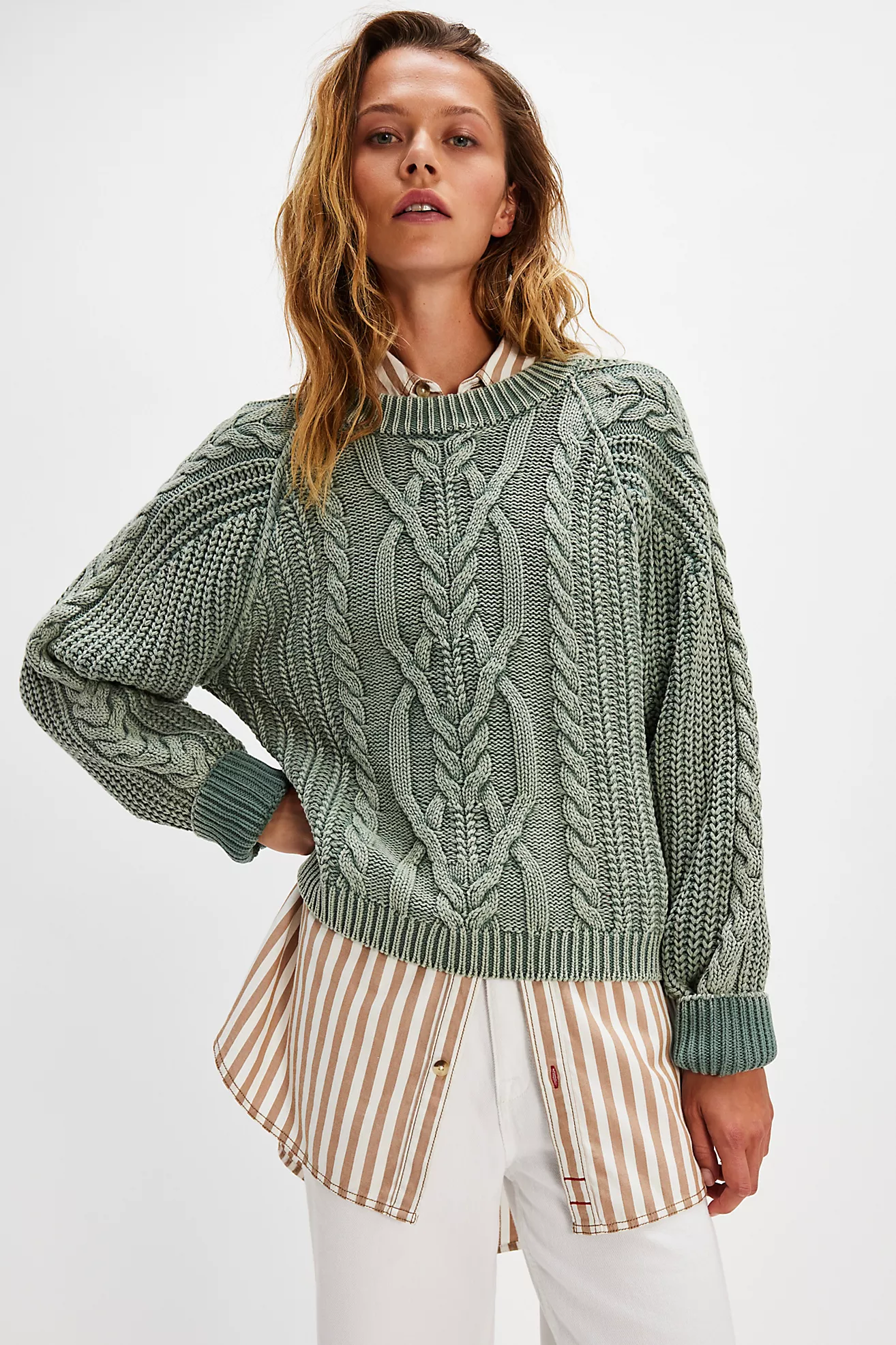 Free People Frankie Cable Sweater- Sea Spray