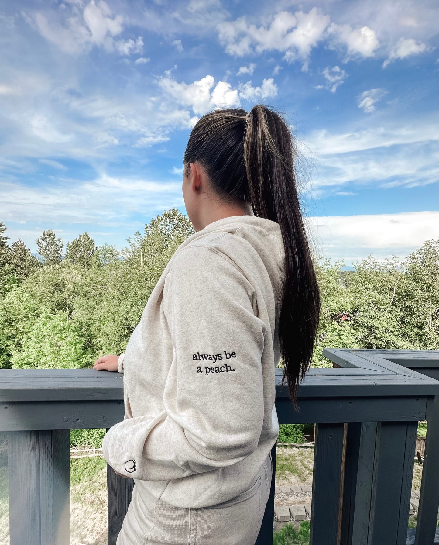 “always be a peach” oatmeal hoodie