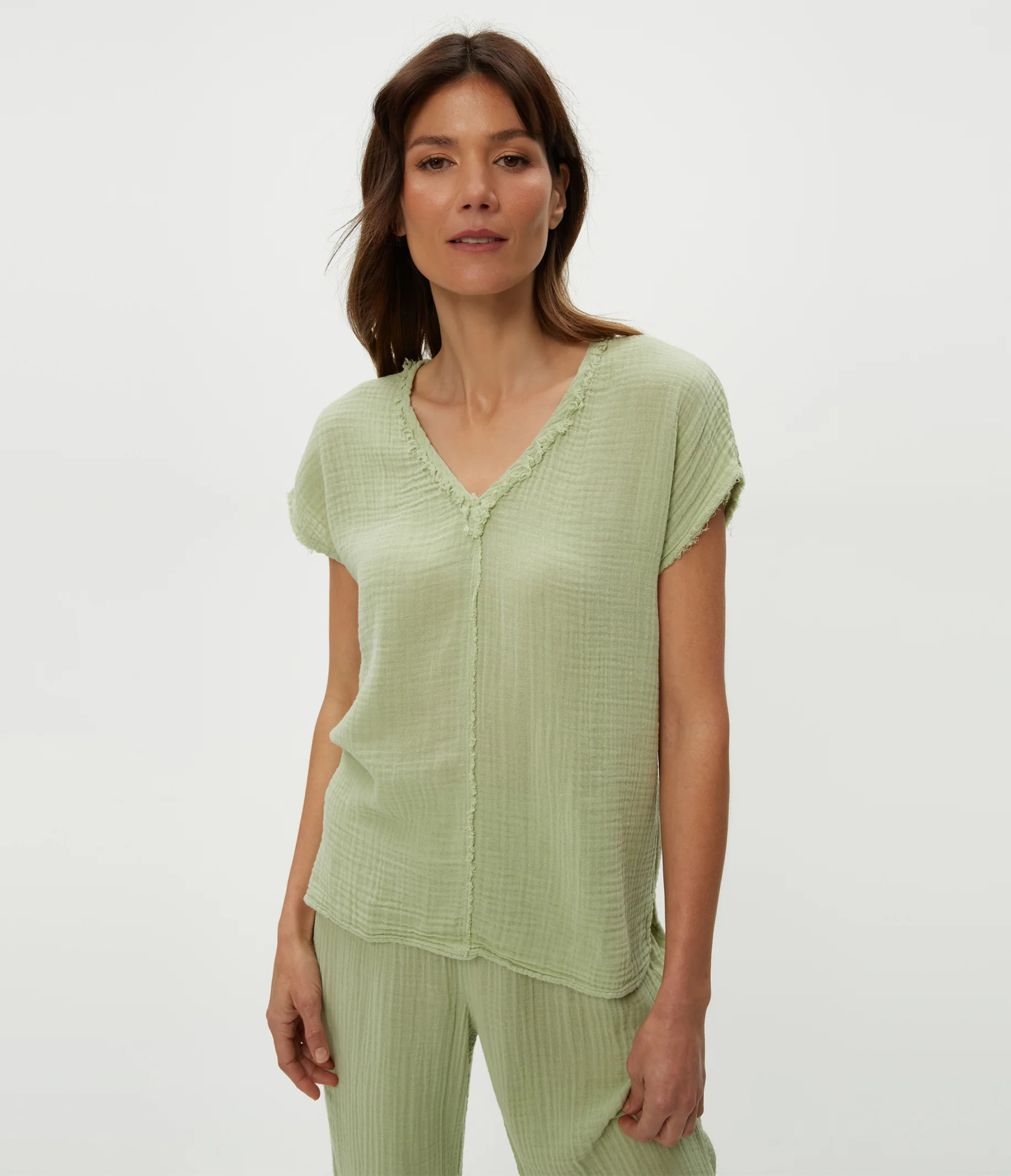 Michael Stars Draya Gauze V-Neck Top- Celery