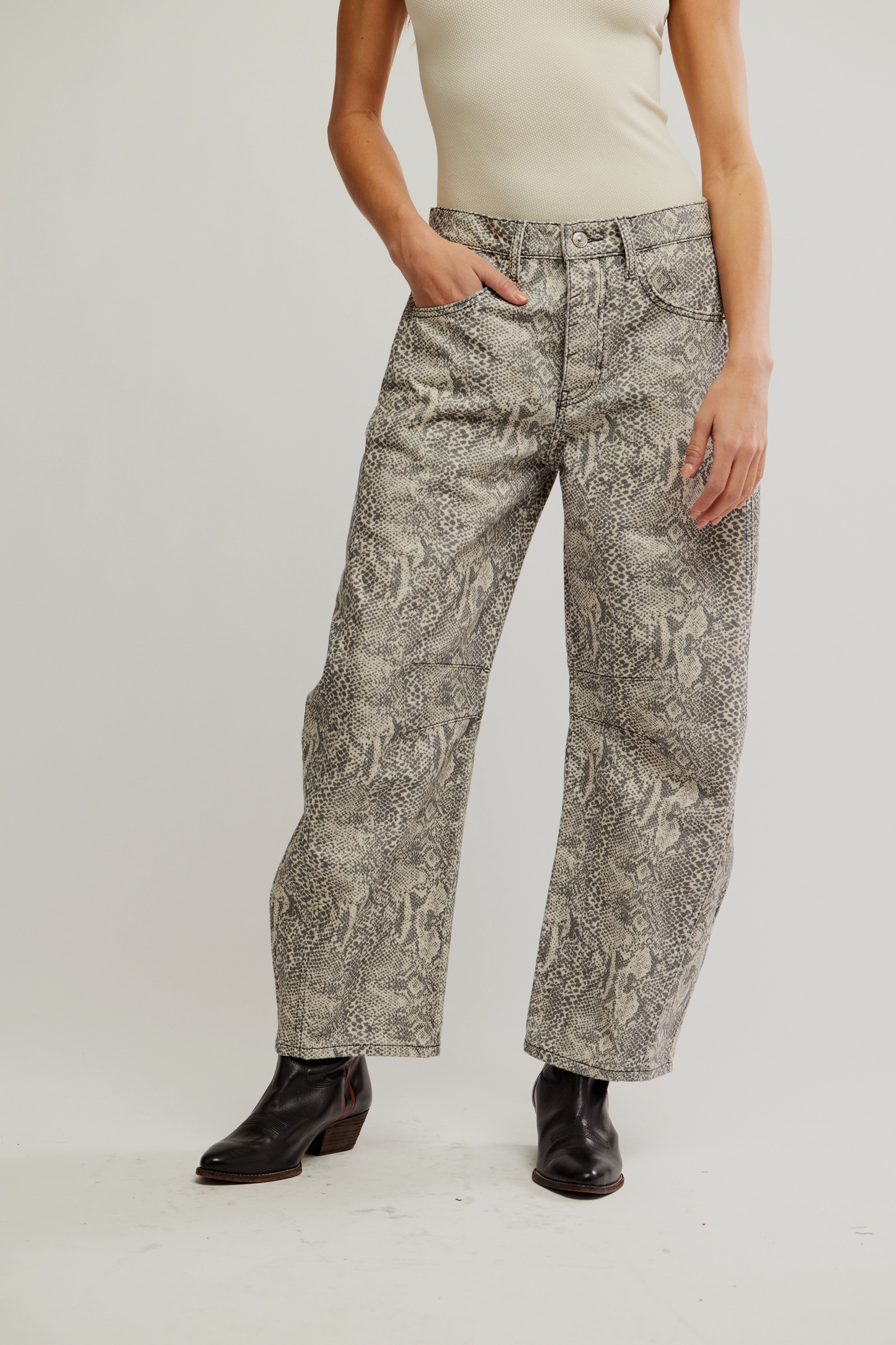 Free People Good Luck Printed Barrel Jeans- Snake Combo