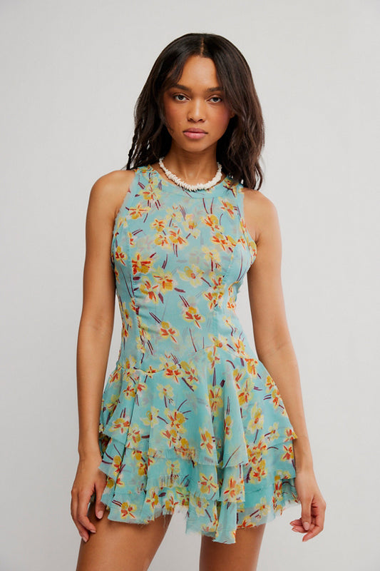 Free People Raven Printed Mini Dress-Aqua Combo