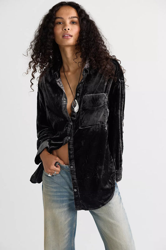 Free People Lexi Velvet Button Down Shirt- Soot Grey