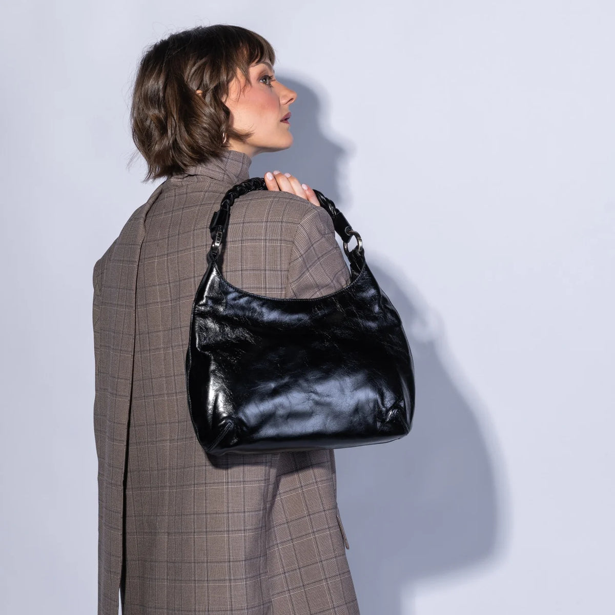 HOBO Madison Shoulder Bag in Polished Leather- Black