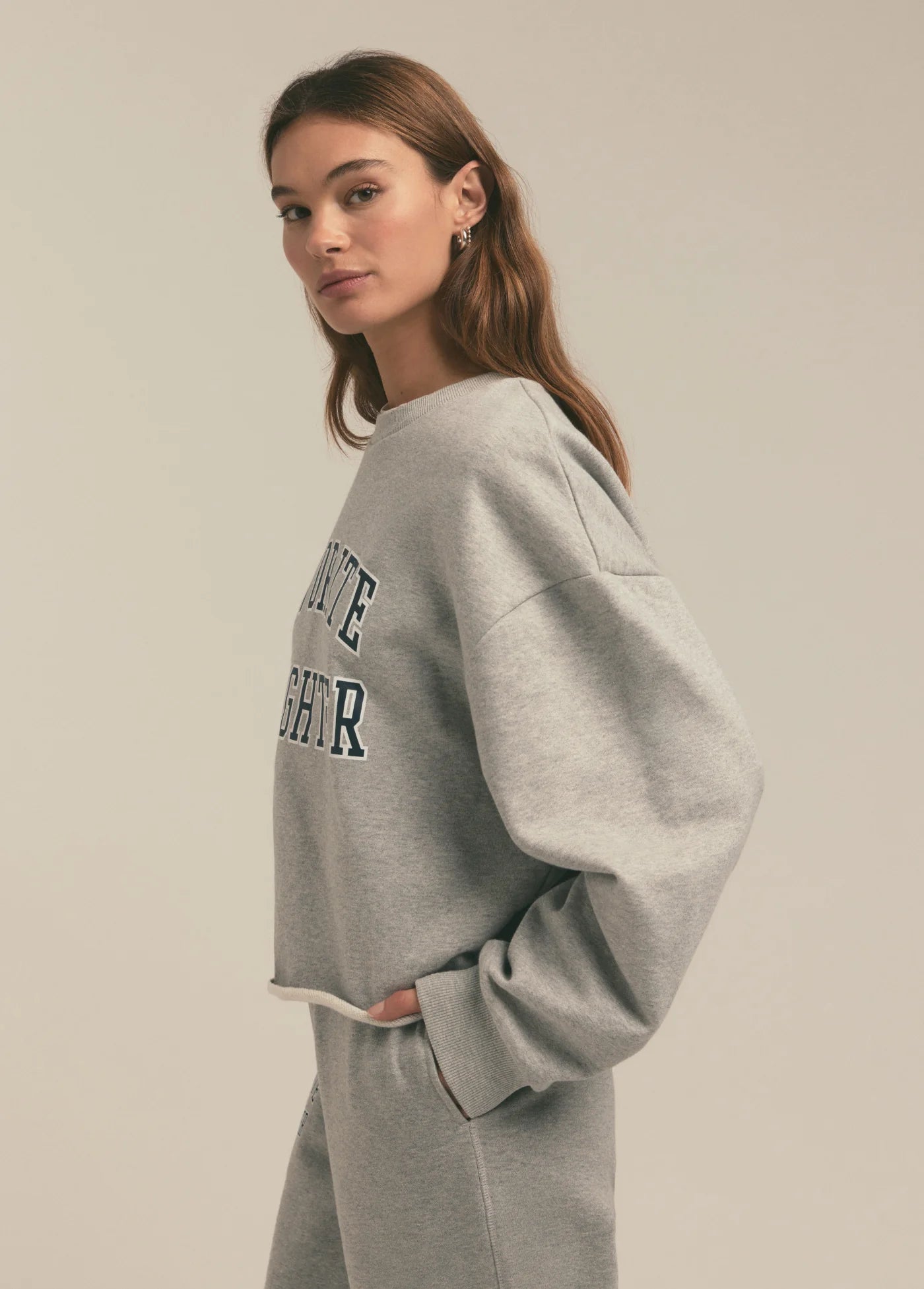 Favorite Daughter The Cropped Collegiate Sweatshirt- Heather Grey/ Navy