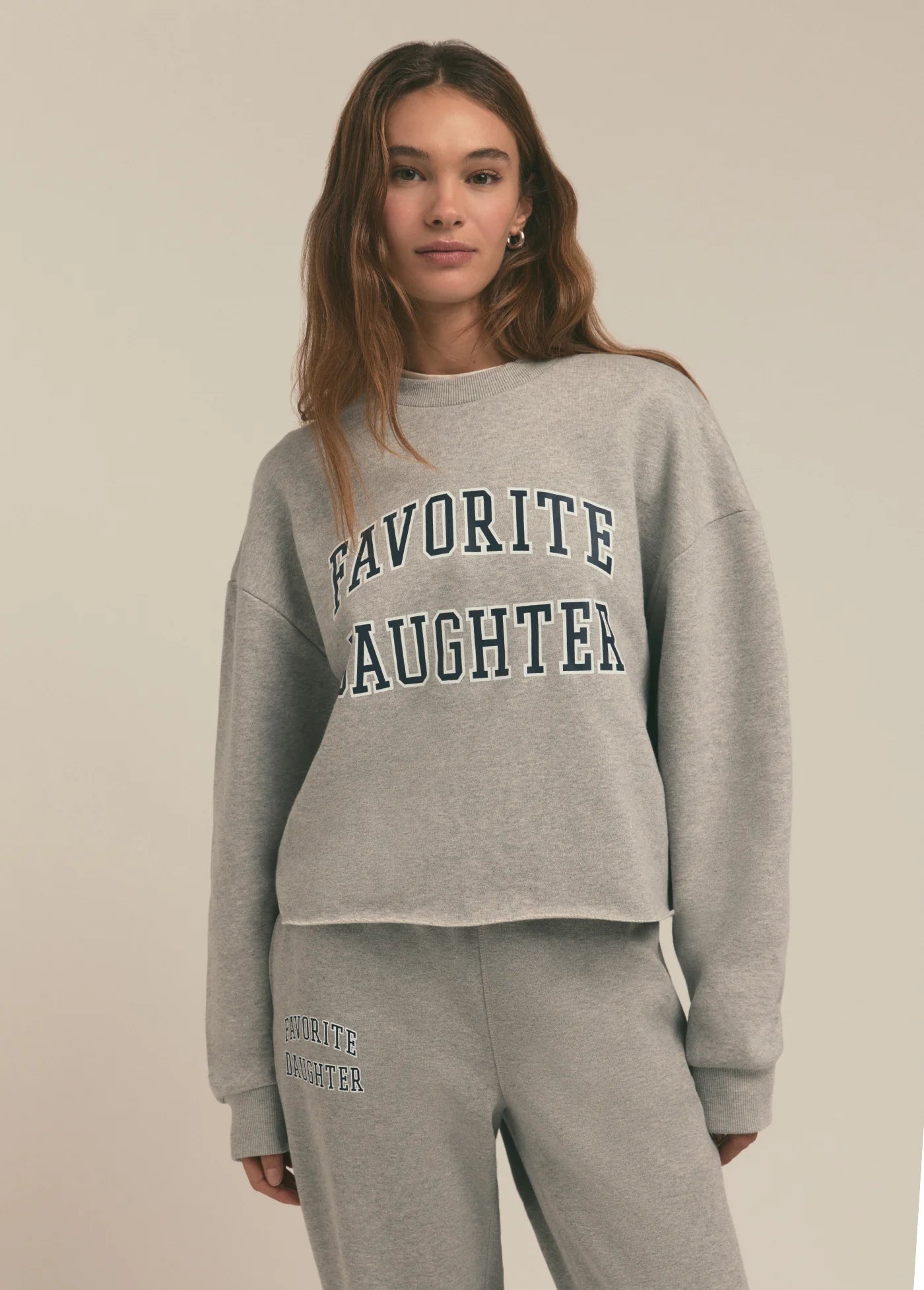 Favorite Daughter The Cropped Collegiate Sweatshirt- Heather Grey/ Navy