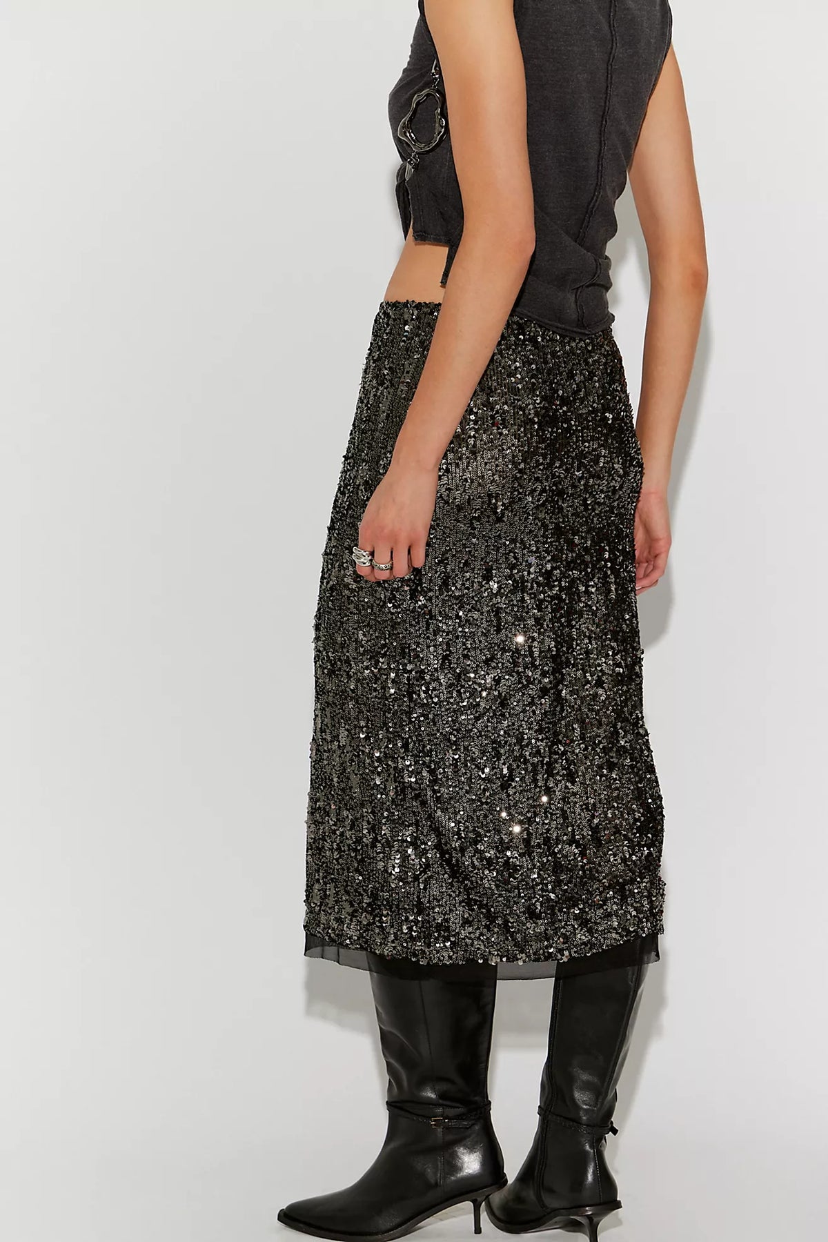 Free People Party Trick Sequin Maxi Slip Skirt- Black